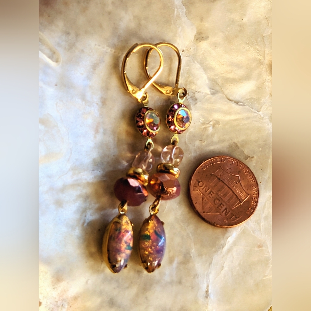 Victorian Pink AB & Opal Crysfal & Glass Artisan Handmade Gold Plated Earrings - Picture 8 of 9